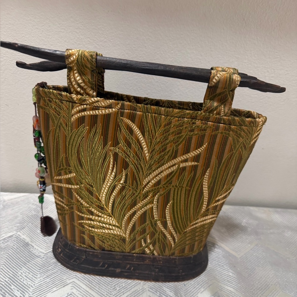 Artisan  bag Green Silk/Wood Handle Base Neshama Avara Yaron “ The Empress bag!”